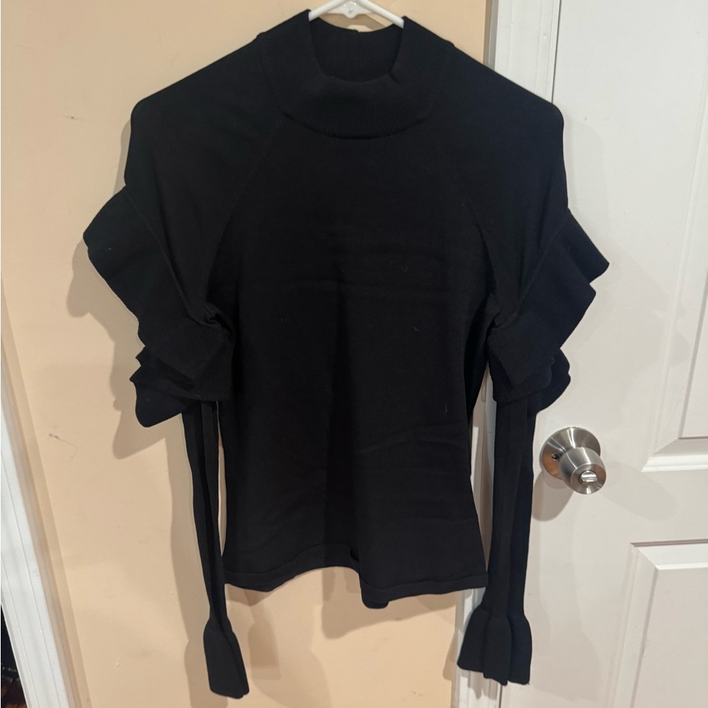 Marled Elegant Black Ruffle Sleeve Top